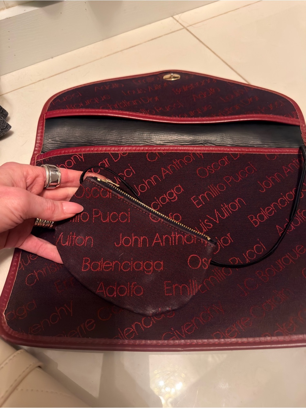 Designer-Name Pattern Burgundy and Black Envelope Clutch - Picture 2 of 2